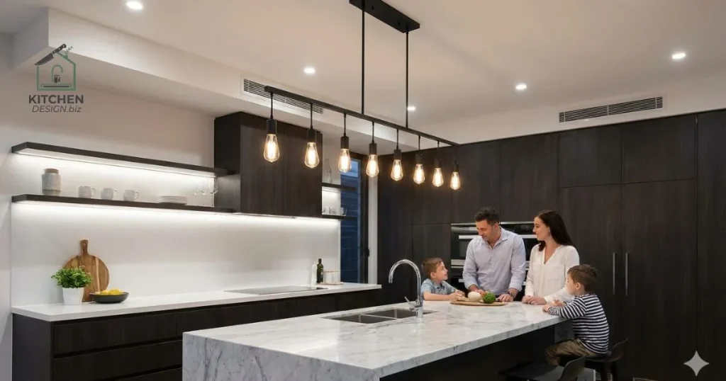 Minimal Linear Chandeliers That Elevate Kitchen Islands