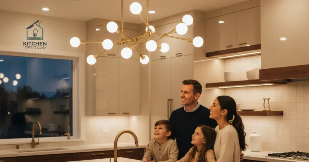 Warm Metallic Chandeliers for Timeless Kitchen Elegance